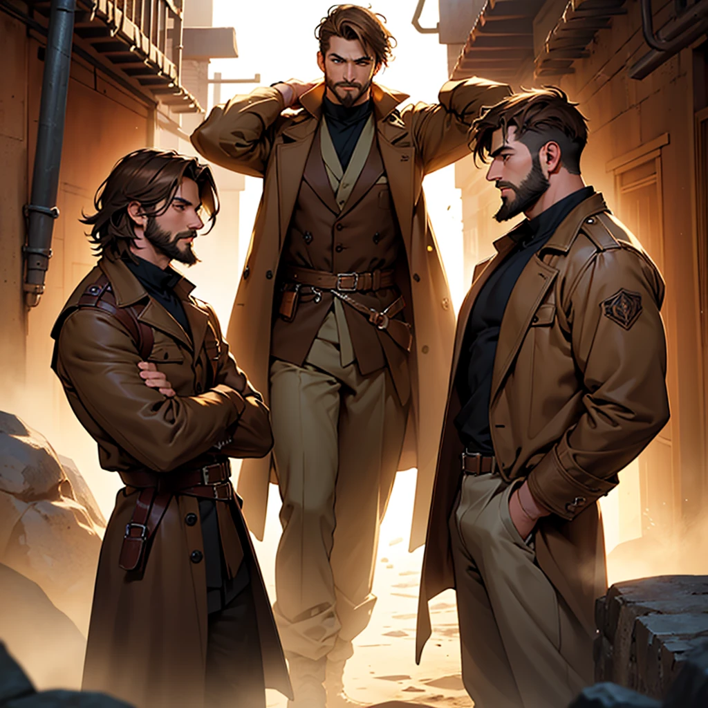 Many men standing together,Looking at the camera,indiana jones, desert, Wide open space, Sunset, Three Men,brown long coat, Brown hair, short hair, Brown eyes, Holding a whip, Abdominal muscles, beard, Confident posture, Beautifully detailed eyes, Fascinating eyes, Bright colors, Carefully crafted lighting, Studio lighting techniques highlight the characters and the overall atmosphere of the scene., masterpiece, Anatomically correct, high quality, best quality, High Detail