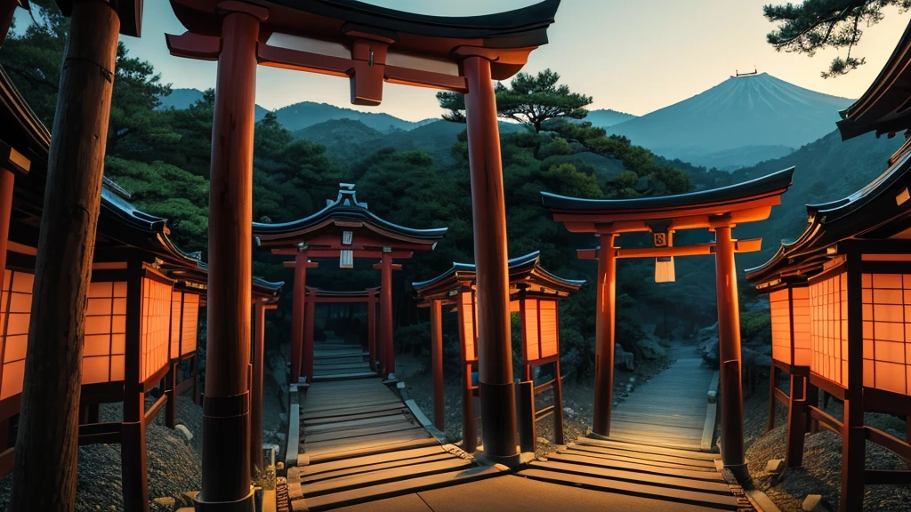 ((masterpiece)),((Highest quality)),((High Detail)),nobody,background, torii, Japanese Shrines, wood, evening