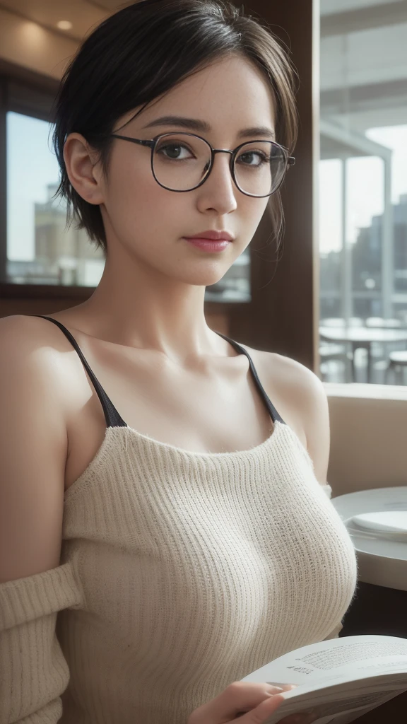 masterpiece, Full HD, Realistic, 1 girl, Off-the-shoulder sweater, visible tank top straps, Big glasses, black eye, Detailed face, Detailed clothing, Realistic skin texture, Dynamic Lighting, Reading in a cafe,Modern art print mug,Beautiful face,Beautiful eyes,Beautiful Skin,smile,very short hair,Perfect Style、Big Breasts、