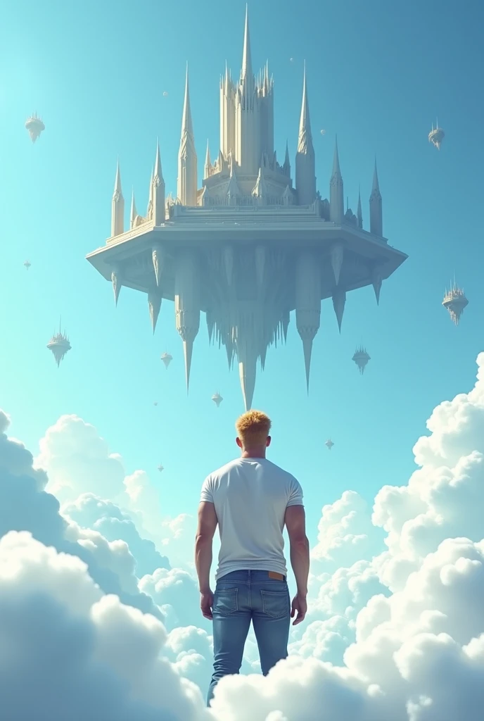 A cinematic medium shot of a athletic 46yr old man with strawberry-blonde hair wearing a t-shirt and jeans. Strong cinematic posture, back to the camera. He is standing knee-deep in clouds, between fluffy white clouds and looking at a magnificent fantasy city with intricate details. The city is floating in the air above the clouds, with small cylindrical defensive towers flying around it. The background is a clear blue sky. The city has a heptagonal shape, with corner towers connected to the central part by galleries and passages. The city's design is gothick, strict yet graceful, combining futuristic and traditional architectural elements. It soars high in the sky in the air far away. The city has a fantasy look with a futuristic twist, and the flying towers serve as defense structures.