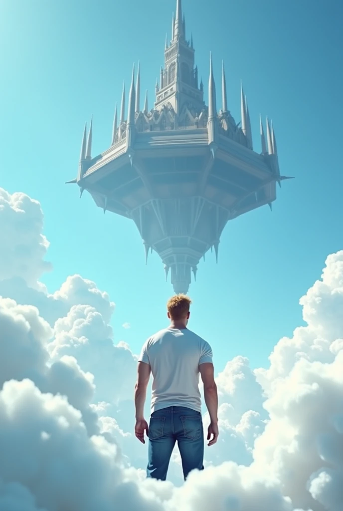 A cinematic medium shot of a athletic 46yr old man with strawberry-blonde hair wearing a t-shirt and jeans. Strong cinematic posture, back to the camera. He is standing knee-deep in clouds, between fluffy white clouds and looking at a magnificent fantasy city with intricate details. The city is floating in the air above the clouds, with small cylindrical defensive towers flying around it. The background is a clear blue sky. The city has a heptagonal shape, with corner towers connected to the central part by galleries and passages. The city's design is gothick, strict yet graceful, combining futuristic and traditional architectural elements. It soars high in the sky in the air far away. The city has a fantasy look with a futuristic twist, and the flying towers serve as defense structures.
