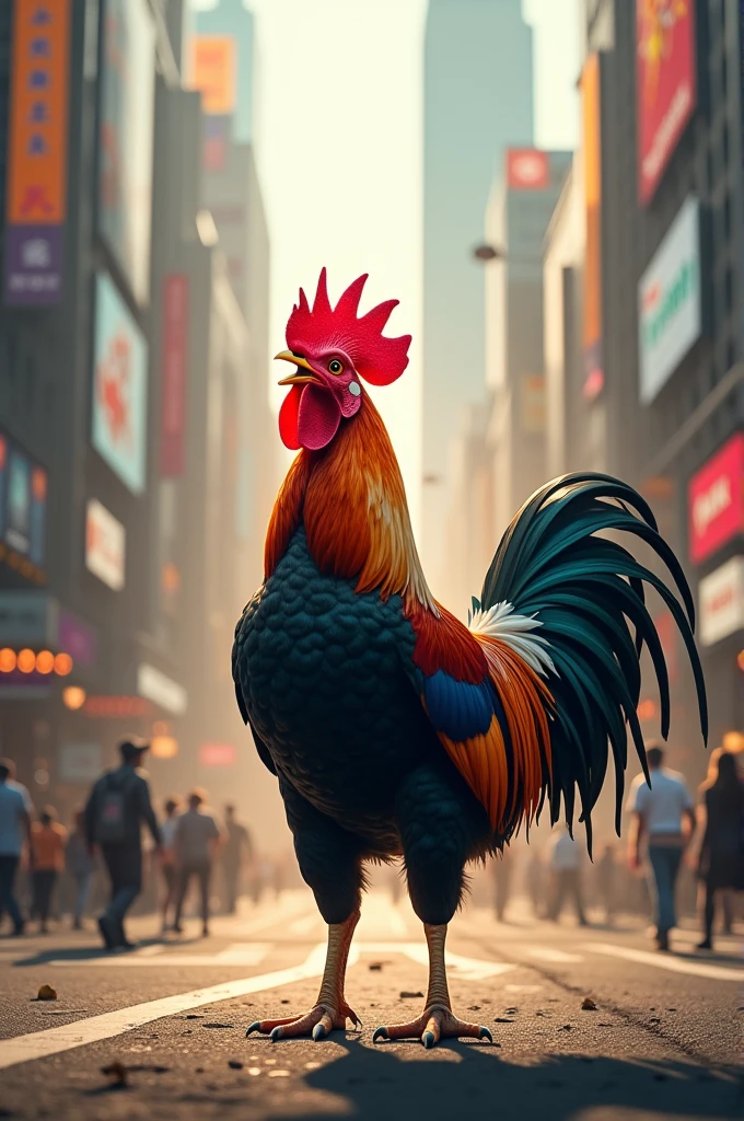 a picture of a rooster crowing in the middle of the city