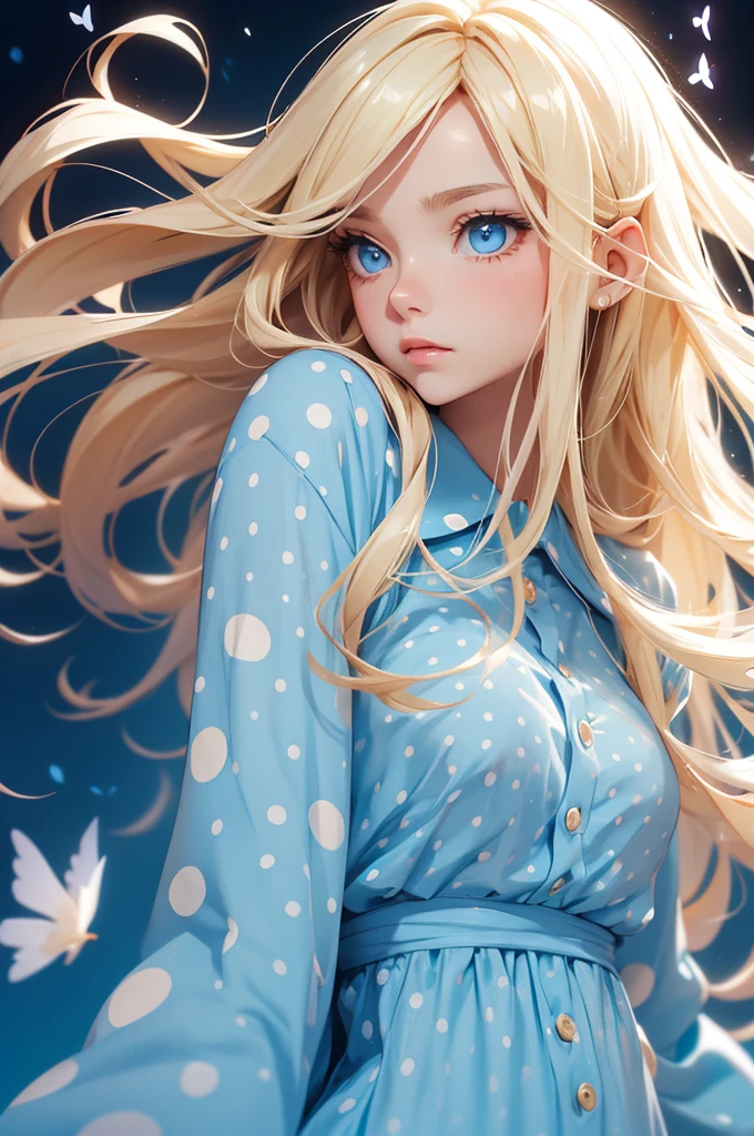 Blonde　long hair　Light blue eyes　Beauty　Polka dot clothes　beautiful　Splash　Fluttering Hair