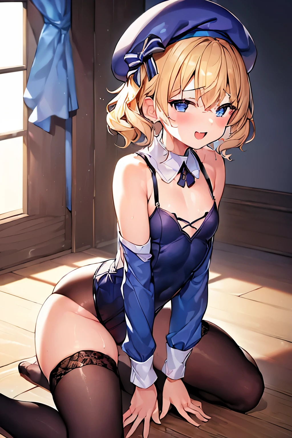 (4K、High resolution image quality、Detailed light、Detailed Shadows、Detailed Design)、1 girl、Blonde、Short hair that is not too long、Fluffy curly hair、Blue and black clothes、beret、(Aggressive design)、((Modest chest、Small breasts))、Leotard design underwear、Sleeveless、barefoot、Shameless、Redness、Lust、Estrus、((sexual excitement:1.5、Sex Pose:1.9、To be made to cum:1.3、A look of joy from sexual pleasure:1.1))、A mysterious  similar to sweat drips onto my body.:1.3、((Dark Room:1.4))