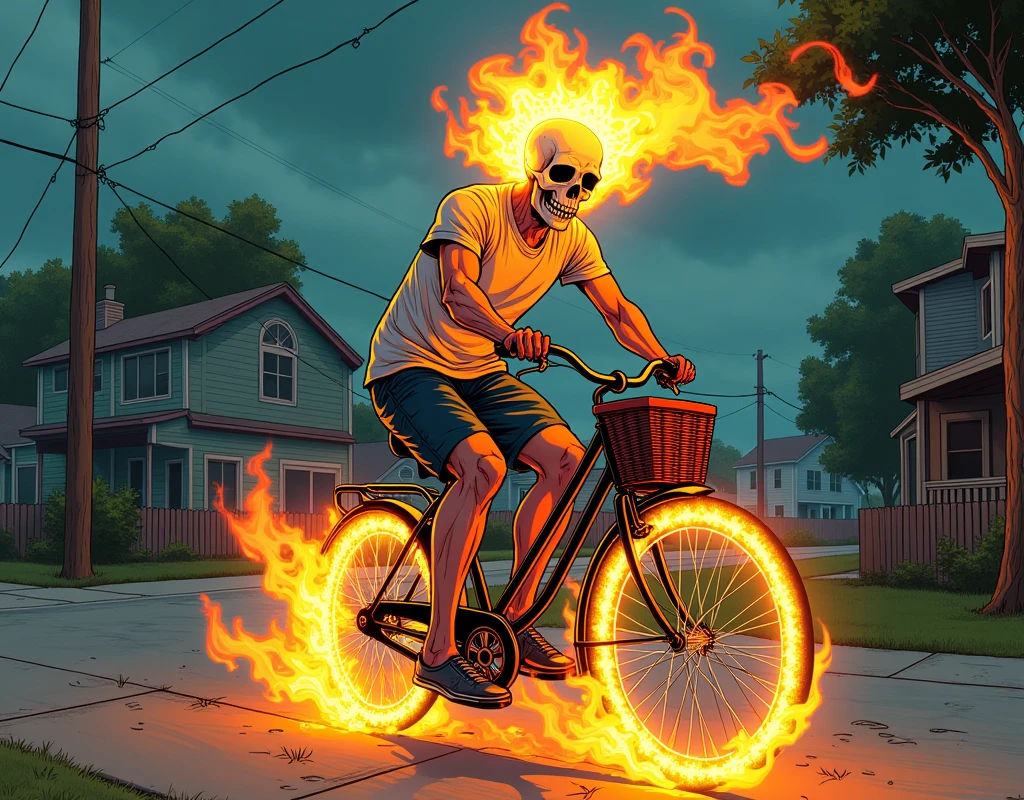 8K dieselpunk comic illustration, Ghost Rider, dressed in a beach t-shirt and shorts, rides a 70s Schwinn bicycle with a bicycle basket on the handlebars. The scene takes place in a typical American neighborhood. Ghost rider on a bicycle, ghost rider's skull. on fire, ultra detailed image, high resolution, schwinn bike, dieselpunk image