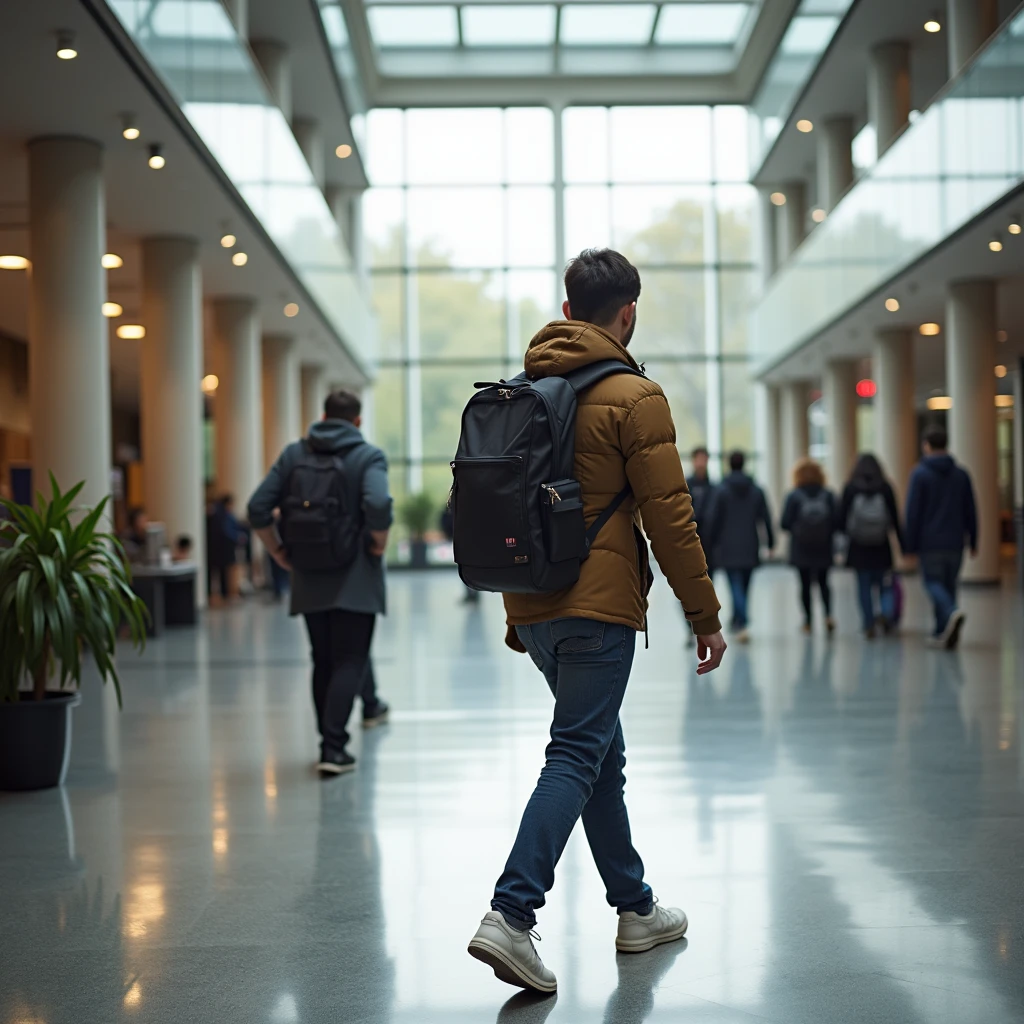 man walking inside the university, students