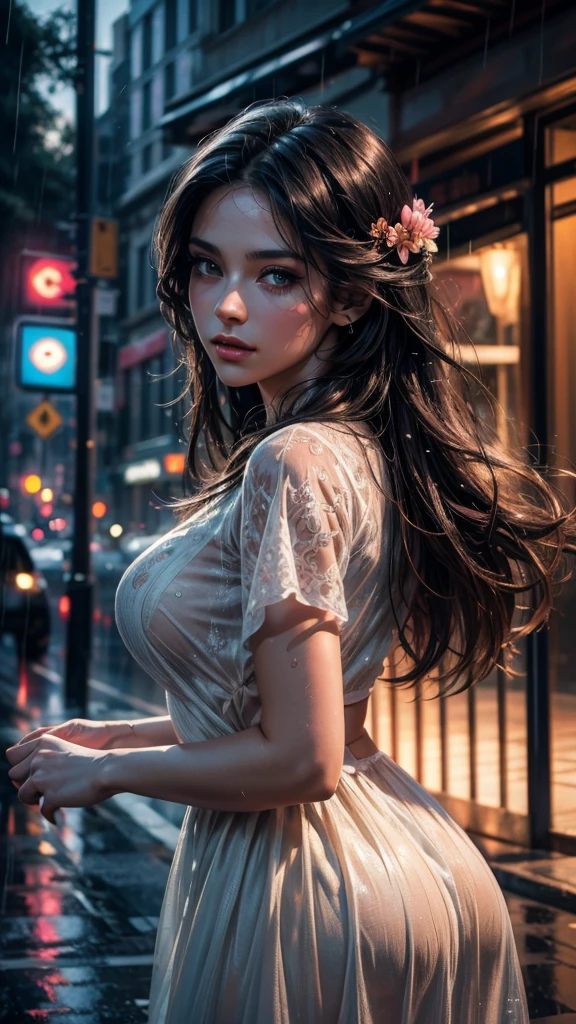 a girl dancing in the rain, detailed portrait of a young woman, beautiful detailed eyes, beautiful detailed lips, extremely detailed eyes and face, long eyelashes, wet hair, rain falling, flowers on the road, outdoors, medium: digital painting, (best quality,4k,8k,highres,masterpiece:1.2),ultra-detailed,(realistic,photorealistic,photo-realistic:1.37),vibrant colors,dramatic lighting,romantic,cinematic