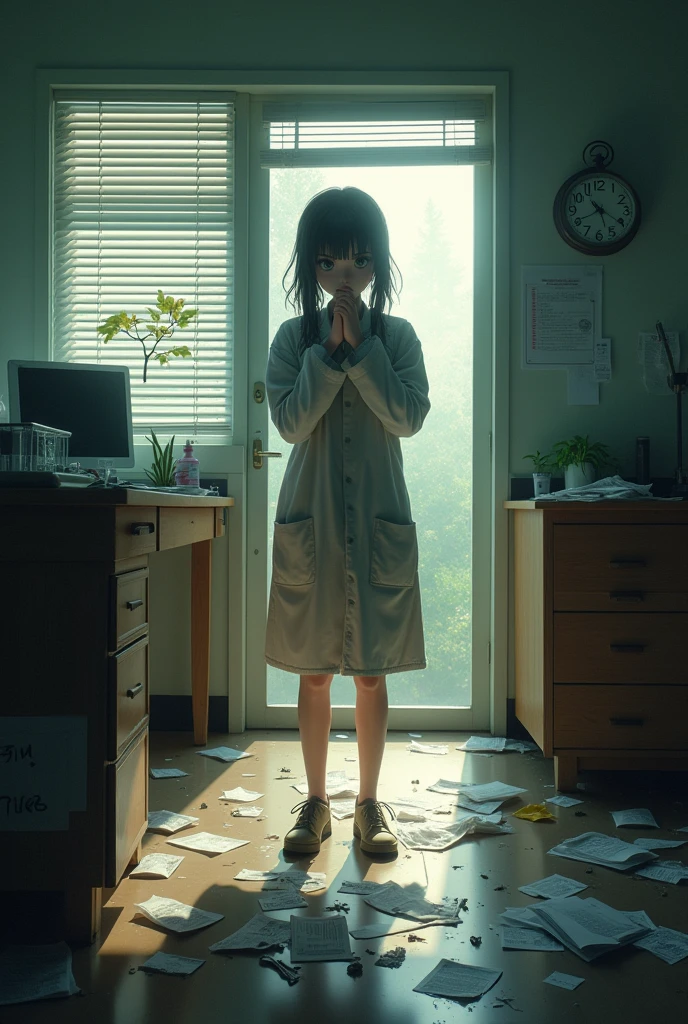 Ransacked botanical research lab, early morning sunlight streaming through venetian blinds, creating stark shadows, papers and broken glass strewn across floor, empty orchid specimen case prominent on central table, drawers pulled out, computer with cracked screen, distraught Misaki in foreground, hand over mouth, eyes wide with shock, wearing previous day's wrinkled lab coat, detective in background taking notes, forensic team dusting for fingerprints, police tape across doorway, other scientists whispering in hallway visible through open door, clock on wall showing 7:15 AM, hyper-realistic, dramatic lighting, crime scene photography style, intricate detail, faded, highly detailed eye, highly detailed eye, 16k resolution, RAW, Nikon Z9, creative, masterpiece, fantasy, super detailed, high resolution, high quality, 8k, realistic, super detailed Dramatic Lighting, Soft Focus, Digital Illustration, Intricate Mechanics, Advanced Techniques, Dark Backgrounds, Cinematic, High Contrast, Moody, Strict, Atmospheric, (Top Quality, 4k, 8k, High Definition, Masterpiece: 1. 2), Ultra-Detailed, (Realistic, Graphic, Photorealistic: 1. 8) -- No glass --AR 16:9 --Stylize 1000
