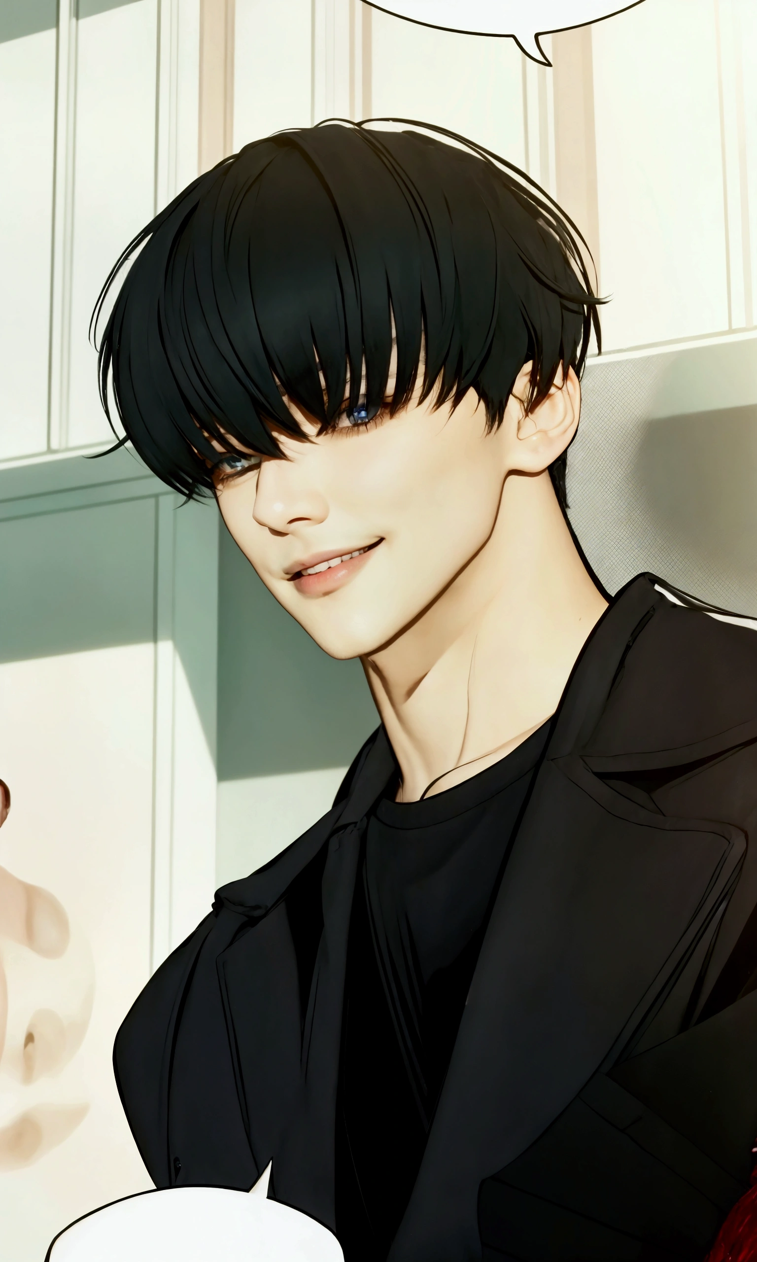 A smiling man, he handsome, black hair, eye color true sapphire