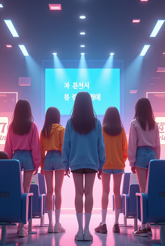 17-22 aged kpop girls. Make 3 of them look half american and korean and 3 of them fully korean. Concept is cute. Make them inside a audition building and they're under hybe entertainment