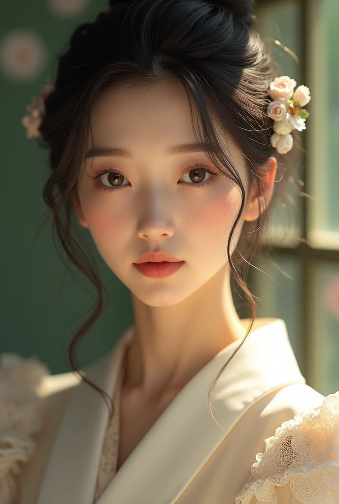 An elegantly dressed Japanese woman in natural light、A close-up of her chest and calm expression.、It shows her inner peace and outer charm.。