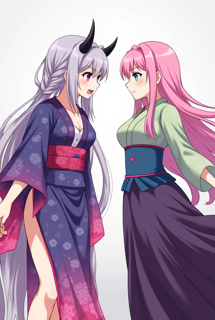  girls are just looking at each other.Two girls are standing opposite each other. The girl on the left is holding a sword aimed at her opponent and is very angry, while the girl on the right is smiling and trying to calm her down. The girl on the leftA girl with gray-purple hair styled into two braids like Mitsuri from the anime 'Demon Slayer'. She has bright flesh-colored eyes and double horns of the same color. Her outfit should resemble a kimono, but with slits at the bottom for easier movement. The sleeves and upper part of the kimono, including the slits, should be pink-purple, while the fabric covering the chest and the top of the slits should be blue.the girl on the right A girl with light pink skin, long pink hair down to her knees, a heart on her forehead, bright turquoise eyes, sleeves like those of a kimono, a corset, and a long dress. The dress is dark purple, the corset is blue, and the upper part is light green. The clothing should have no patterns and no pink color on it."