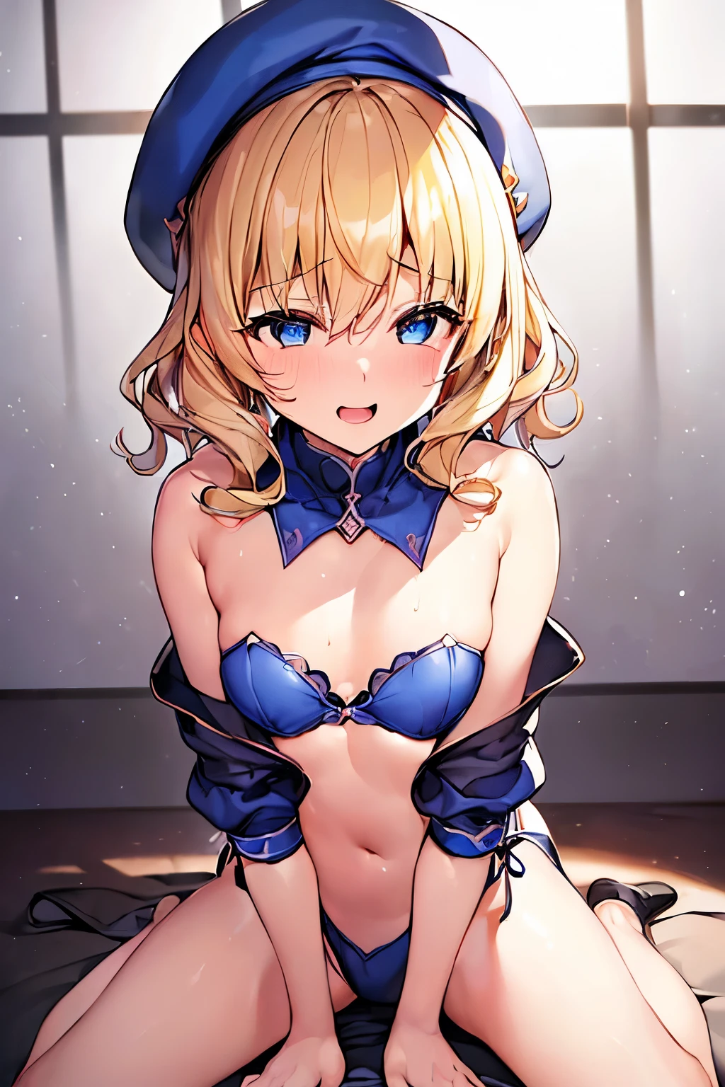 (4K、High resolution image quality、Detailed light、Detailed Shadows、Detailed Design)、1 girl、Blonde、Short hair that is not too long、Fluffy curly hair、Blue and black clothes、beret、(Aggressive design)、((Modest chest、Small ))、Leotard design underwear、Sleeveless、barefoot、Shameless、Redness、Lust、Es、((sexcitementex Pose:1.9、To be mato cum:1.3、A look of joy fromxual pleasure:1.1))、A myste similar to sweat drips onto my body.:1.3、((Dark Room:1.4))