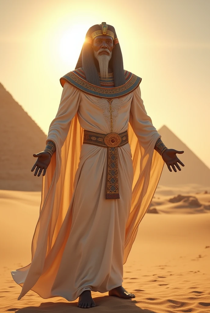 (((Ptah god pharaoh))) best quality, very high resolution, 4K detailed CG, masterpiece, Egyptian mythology,Ptah,sunlight,craftsman god, Ancient Egypt, standing pose, white robe, Egyptian clothes, desert ,pyramidAncient Egypt, ((architect god)), aesthetic, beautiful image, centered on screen, standing pose
