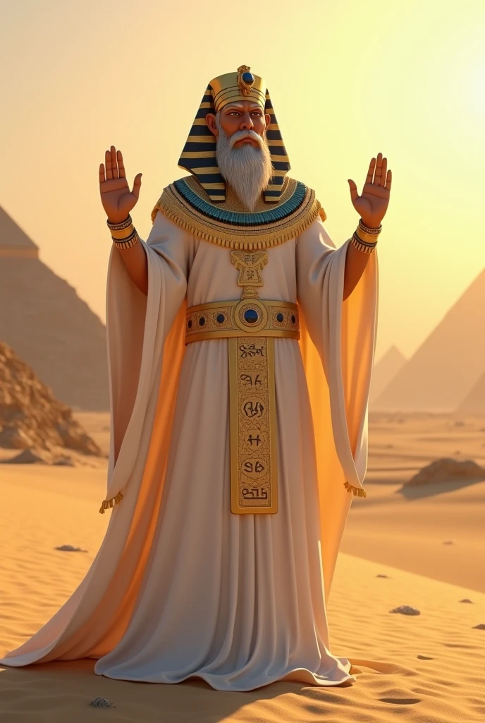 (((Ptah god pharaoh))) best quality, very high resolution, 4K detailed CG, masterpiece, Egyptian mythology,Ptah,sunlight,craftsman god, Ancient Egypt, standing pose, white robe, Egyptian clothes, desert ,pyramidAncient Egypt, ((architect god)), aesthetic, beautiful image, centered on screen, standing pose