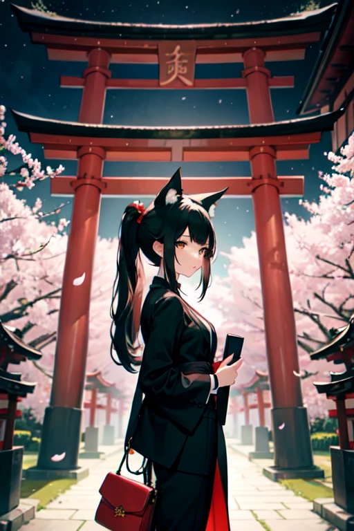 woman,slender,Black Hair,Long Hair,ponytail,Black Suit,Fox Mask,White handbag,night,shrine,torii,cherry blossoms,