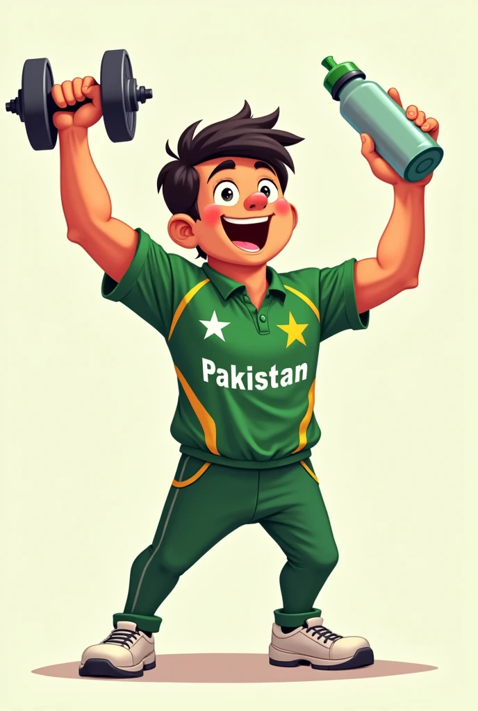A animated character wearing Pakistan cricket jersey holding dumbdell on his left hand and on right hand holding water bottle his both hand should be facing upward character must be 2D