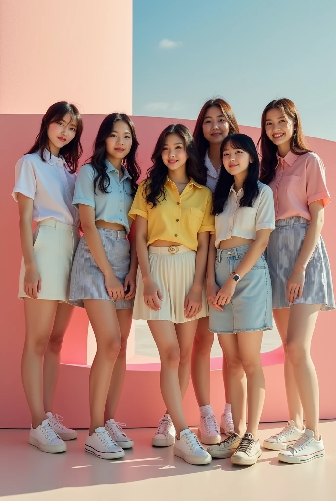 17-22 aged kpop girls. Make 3 of them look half american and korean and 3 of them fully korean. Concept photo. Make it look aesthetic and preppy