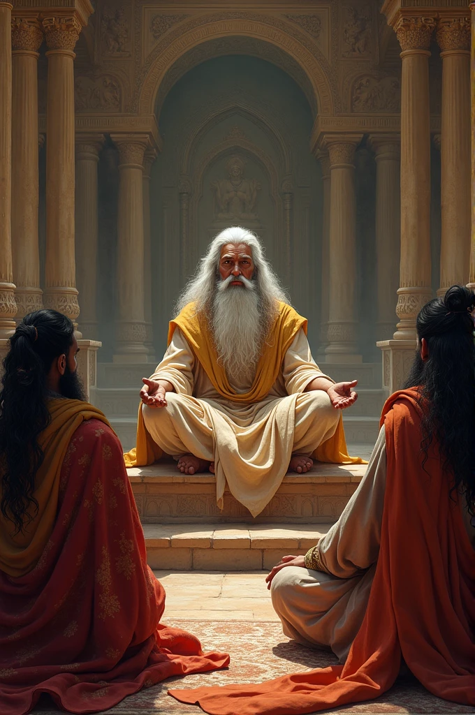 Bhishma’s Wisdom: A scene where Bhishma imparts his knowledge and guidance to the Kauravas and Pandavas, emphasizing his role as a wise counselor.