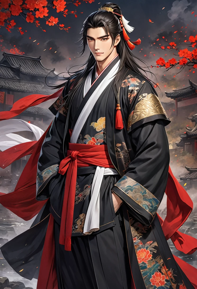 Romance of the Three Kingdoms Zhou Yu, handsome, Full body exposed, Clothes made of a coat, clothes made only of cloth, youth, Black clothes