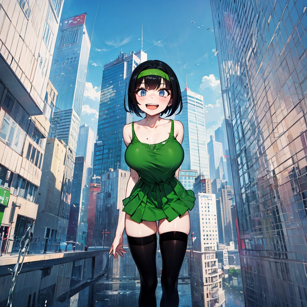 (solo), (1 skinny girl standing), arms behind back, swaying back, (tight-fit black thighhighs), collarbone, BREAK, hairband, white shirts, glass-walled skyscrapers in distance, BREAK, (long skinny legs), huge breasts, BREAK, (forced smile:1.3), (dripping tires:1.3), (disappeared), open mouth, orgasm, nsfw, pussy juice dripping down between thighs