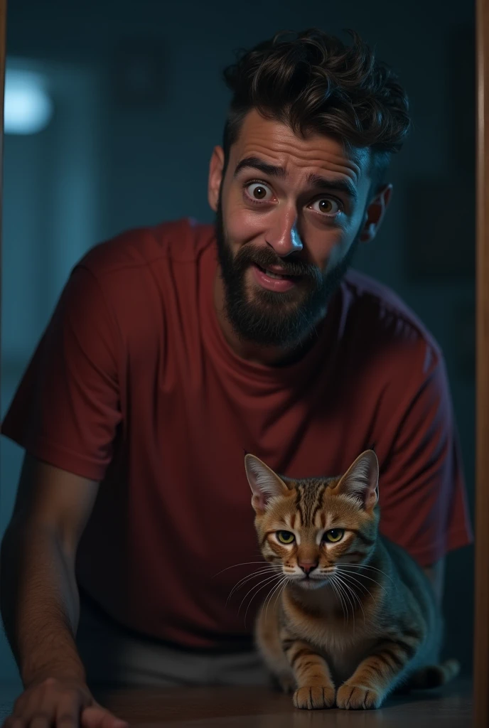 The youn man with french beard in red t shirt gets scared after seeing little brown cat  with anger in rood side in the night ai image