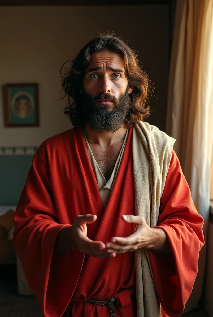 Create a realistic representation of Jesus Christ as a first-century Jewish man from Galilee. Characteristics: height 1.65m, weight 50kg, olive green skin to dark brown, medium curly hair, short beard well cared for, blue eyes transmitting kindness and wisdom, prominent nose, natural lips with sad texture and skin exposed to the sun. Clothing: bright and vibrant red robes, with a light cloak draped over a red robe. Expression: sad. Posture: sad, with both hands extended forward, palms up. Background: a cozy home with remote glazing, warm lighting with a soft glow." dslr''