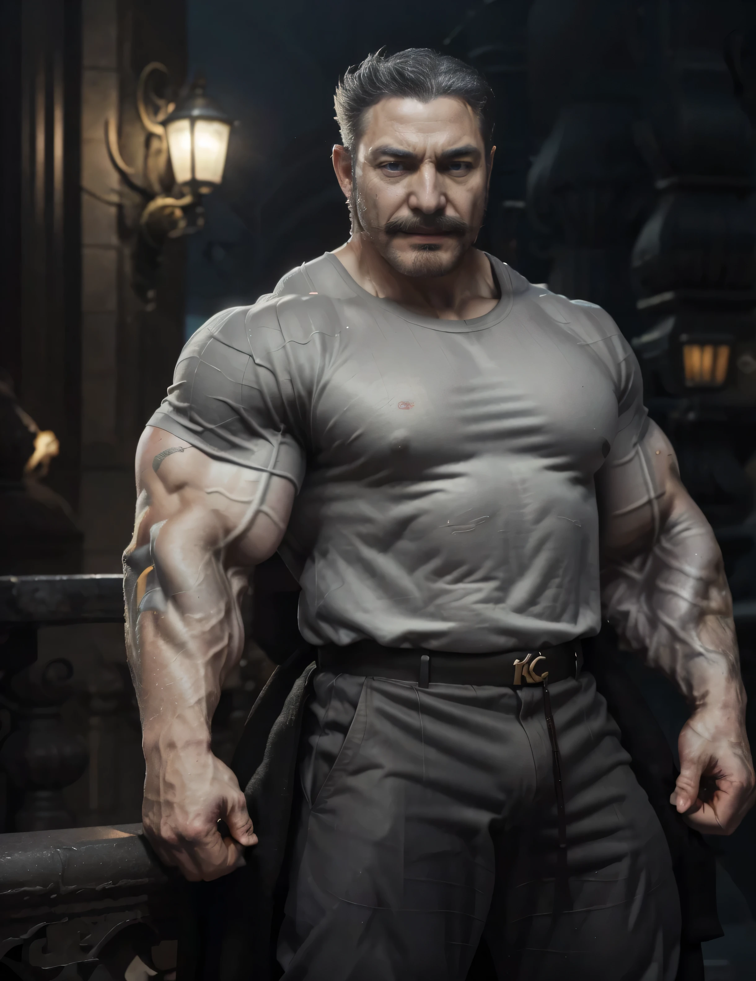 1man, middle-aged man, red eyes, evil smirk, mustache, beard, prominent muscular body, veins, bigger muscle biceps, bigger muscle chest, bodybuilder bodyshaped, white t-shirt, grey trousers, midnight city (background), morning, hd, high quality, realistic, hyperdetail, ultra-realistic, 8k Resolution