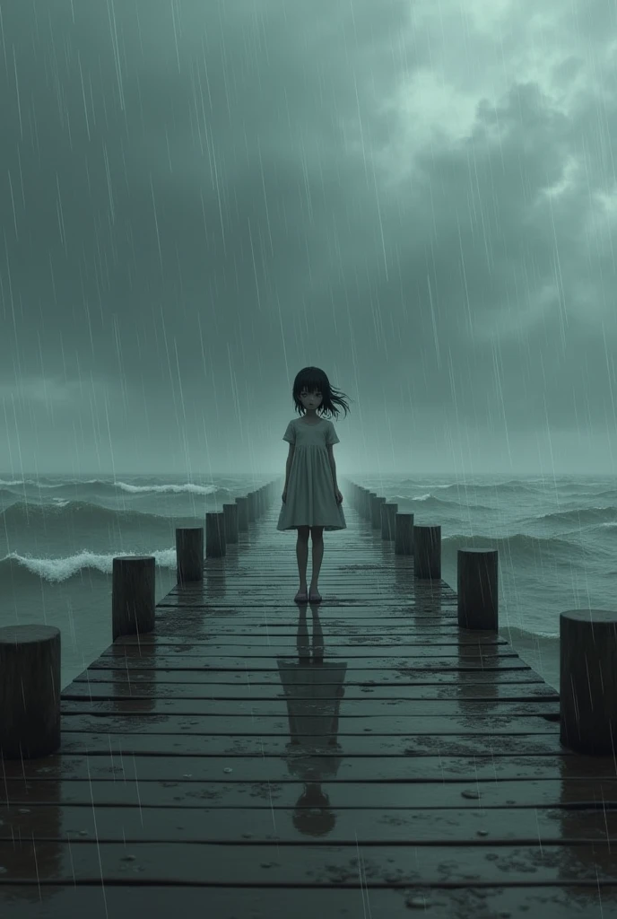 Girl waiting on a pier in a stormy rain