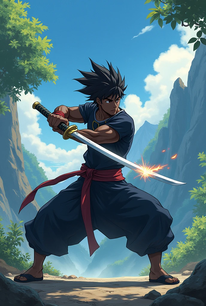 An anime character with black spiky hair balck skin a male practising sword skills