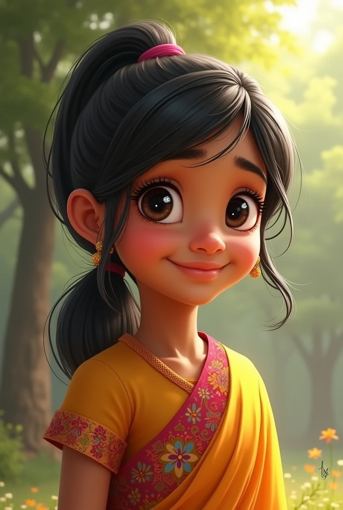 "A portrait of a 1 Indian girl with medium-length black hair tied in a loose ponytail. She has a warm smile, big dark brown eyes, and a few strands of hair falling around her face. She is wearing a simple, colorful traditional Indian kurta with a floral pattern. The background is a natural setting with soft sunlight filtering through trees, creating a peaceful and serene atmosphere.