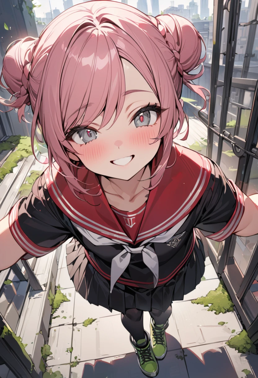 masterpiece, (best quality), (1 little girl), highly detailed, friendly, smile, (swept bangs), pink hair, hair in one bun, gray eyes, ((detailed eyes)), seifuku with the leading colors of black and red, black short-sleeved blouse with a red sailor collar, black knee-length pleated skirt, light blue tights, moss green ankle boots, rooftop background, full body