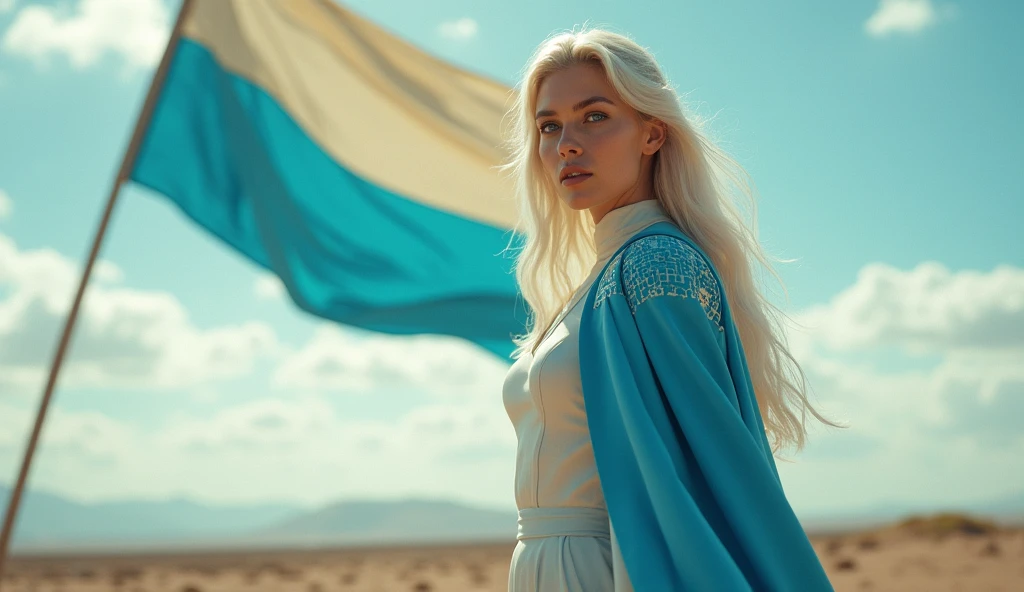 A woman stands looking out at the horizon. In the background a large flag floats in the wind. This flag has 2 horizontal stripes, one blue at the bottom and one cream at the top. The tension is intense, the queen is a woman 30 years old, very long straight hair, very blond hair, slim, blue eyes, wearing a cream and blue color futurist long royal dress with a printed circuit board cape, intense gazing eyes, ultra-resolution, intricately detailed, low angle, 8k by Helmut Newton
