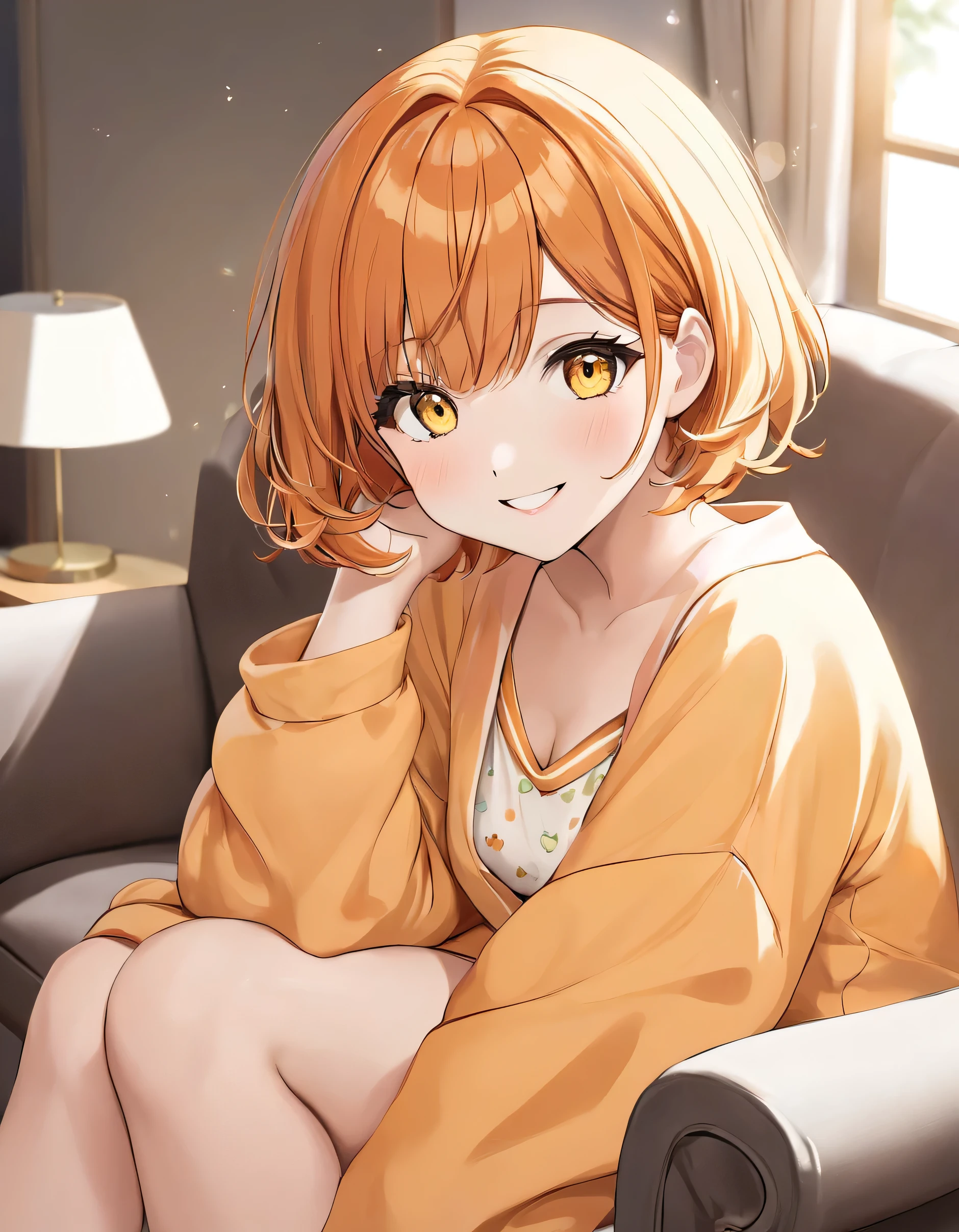 Beautiful self-confidence々Smiling adult woman、((Orange short hair))(Yellow Eyes)、(Wearing cute loungewear)