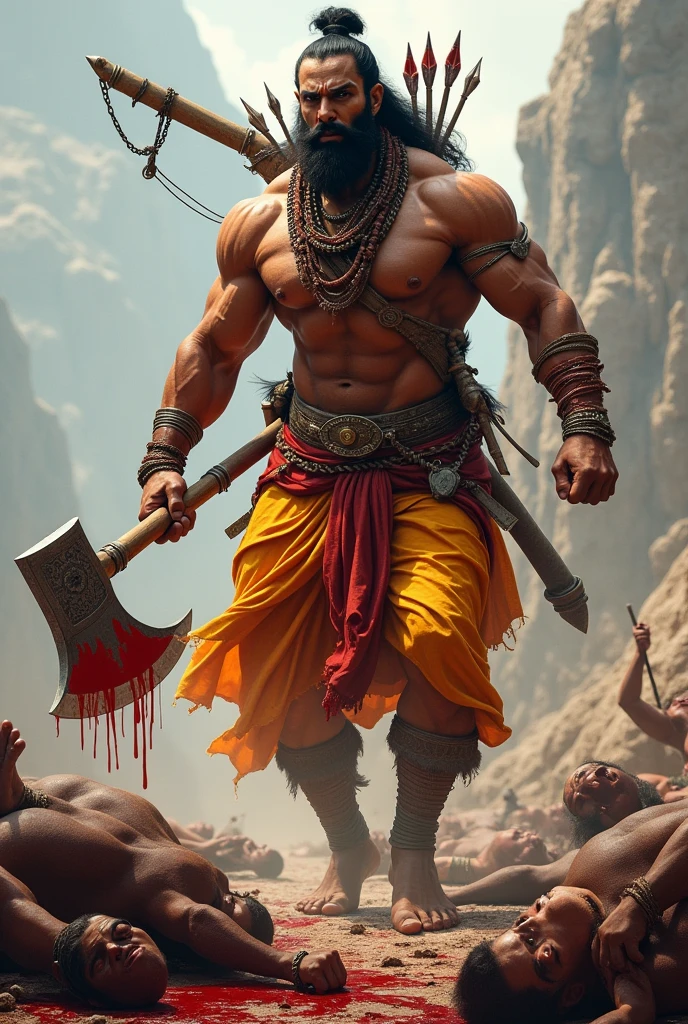 One bramhana pandit(parashuram) with great height and sixpack body holding big axe on his hands and He has an bow and arrows on his shoulder .he killed one warrior with his axe ,he killed one man and cut neck his head with his axe ,his body with some blood and looks scare to see him