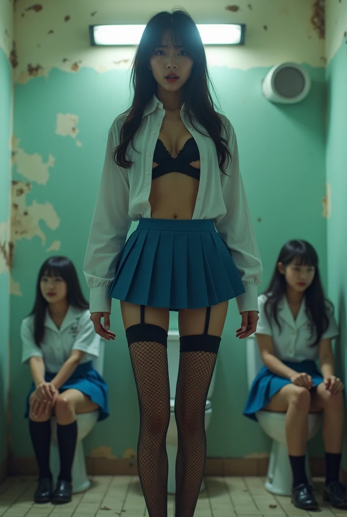 A shabby and worn-out public restroom).Korean woman.korean beauty.Korean model.South Korean girl groups. She is wearing a school uniform, a short and tight blue skirt, and black fishnet stockings that reach her thighs..
(Big hearted).(full body shot).(front shot).realistic.G-cup chest.
The pelvis is a supermodel. The shirt button is undone, revealing a black bra..Two high school girls sitting on the toilet.Screaming face.White lace panties are draped over the thighs at the knee level..
