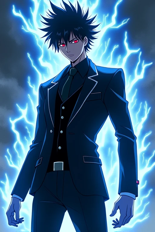 Black Hair,Spiky hair,Black Suit,male,Anime Style,Red Eye,Wearing blue electricity