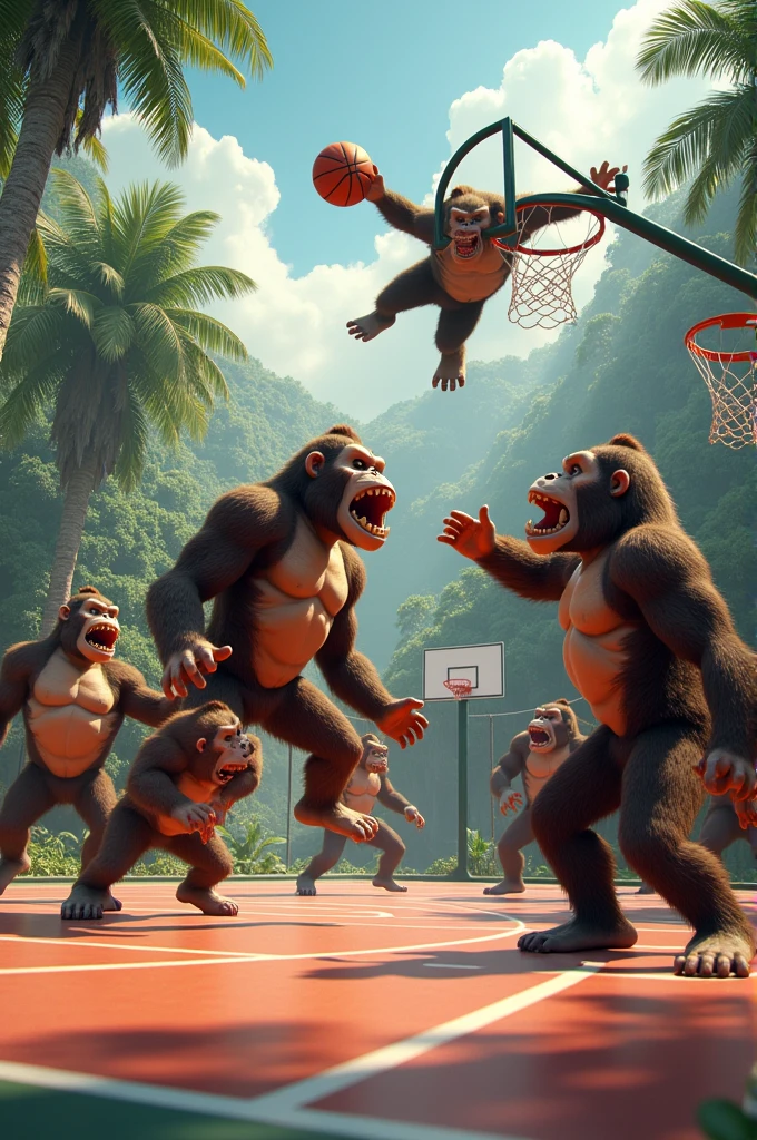 Create image of kongs playing basketball, image size 16:9