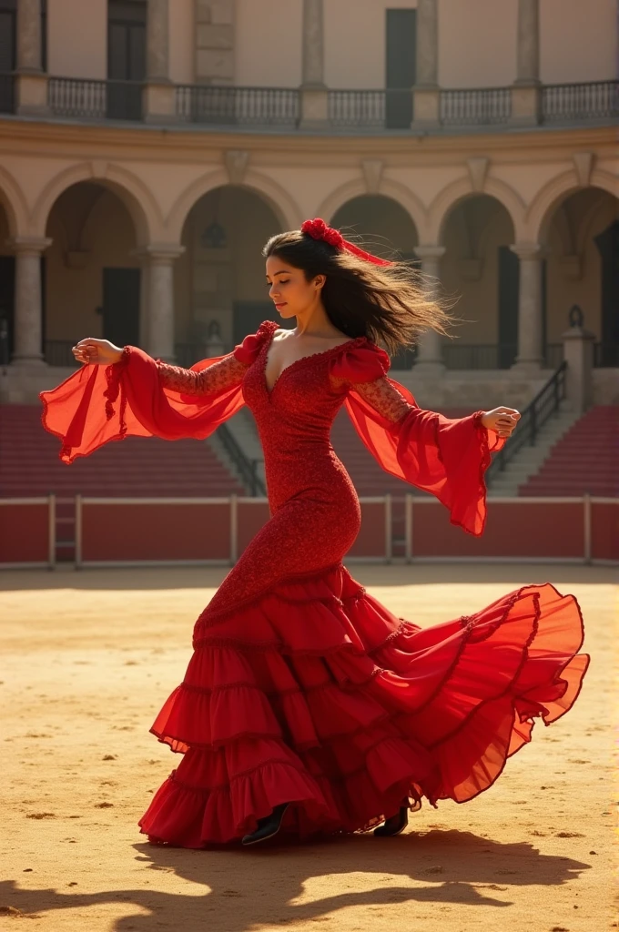 A young gypsy girl dancing flamenco in the bullring 