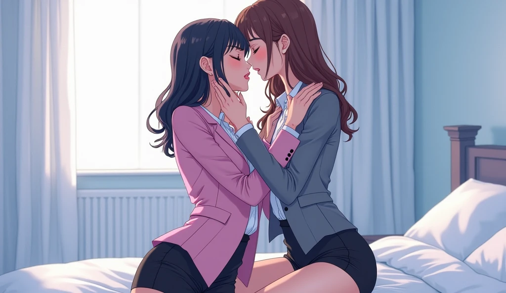 Two girls, long black hairs, yuri, lesbian.
The first girl wear a pink suit jacket, white shirt, black pencil skirt, black underpants, black tights, black socks.
The second girl wore a grey suit jacket, white shirt, black pencil skirt, black underpants, black tights, black socks.
french kiss, lesbian kiss, straddle kiss, wetting kiss, lying on the bed, insert one hand into black underpants, insert the finger into pussy, closed eyes, light blue bedroom, novel cartoon, 4K, HD
