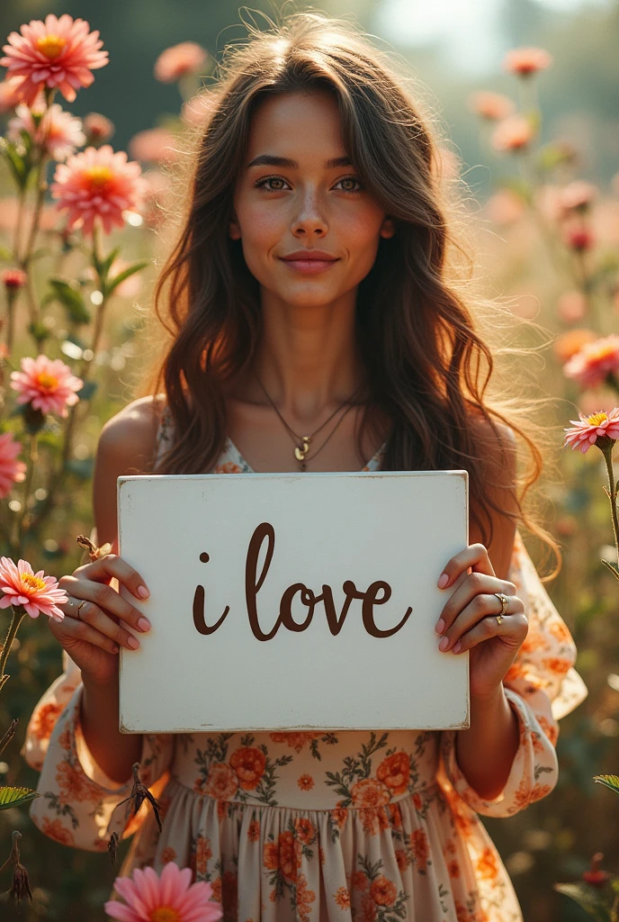 Beautiful flowers with wavy long hair, bohemian dress, holding a white board with text "I Love " and showing it to the viewer