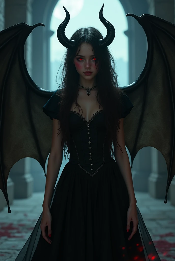 Very young girl, young girl, very young , Young lively teenl undergoing a transformation into an evil demonic Vampire, female, long dark hair, pasty pale ghastly skin, red eyes, vampire fans, very long canine teeth becoming fangs, elegant flowing renaissance era black dress, Romanian, dark castle, nighttime, moonlight, dimly lit, horror, threatening to bite you, bearing her fangs, huge leathery bat wings, close, very close, Vampire bite scene, long black obsidian horns, red-tinged skin