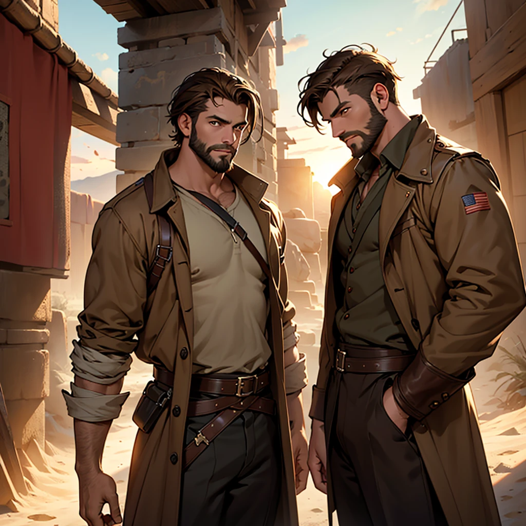 Four or five men,stand together,Looking at the camera,indiana jones, desert, Wide open space, Sunset, 4 men,brown long coat, Brown hair, short hair, Brown eyes, Holding a whip, Abdominal muscles, beard, Confident posture, Beautifully detailed eyes, Fascinating eyes, Bright colors, Carefully crafted lighting, Studio lighting techniques highlight the characters and the overall atmosphere of the scene., masterpiece, Anatomically correct, high quality, best quality, High Detail