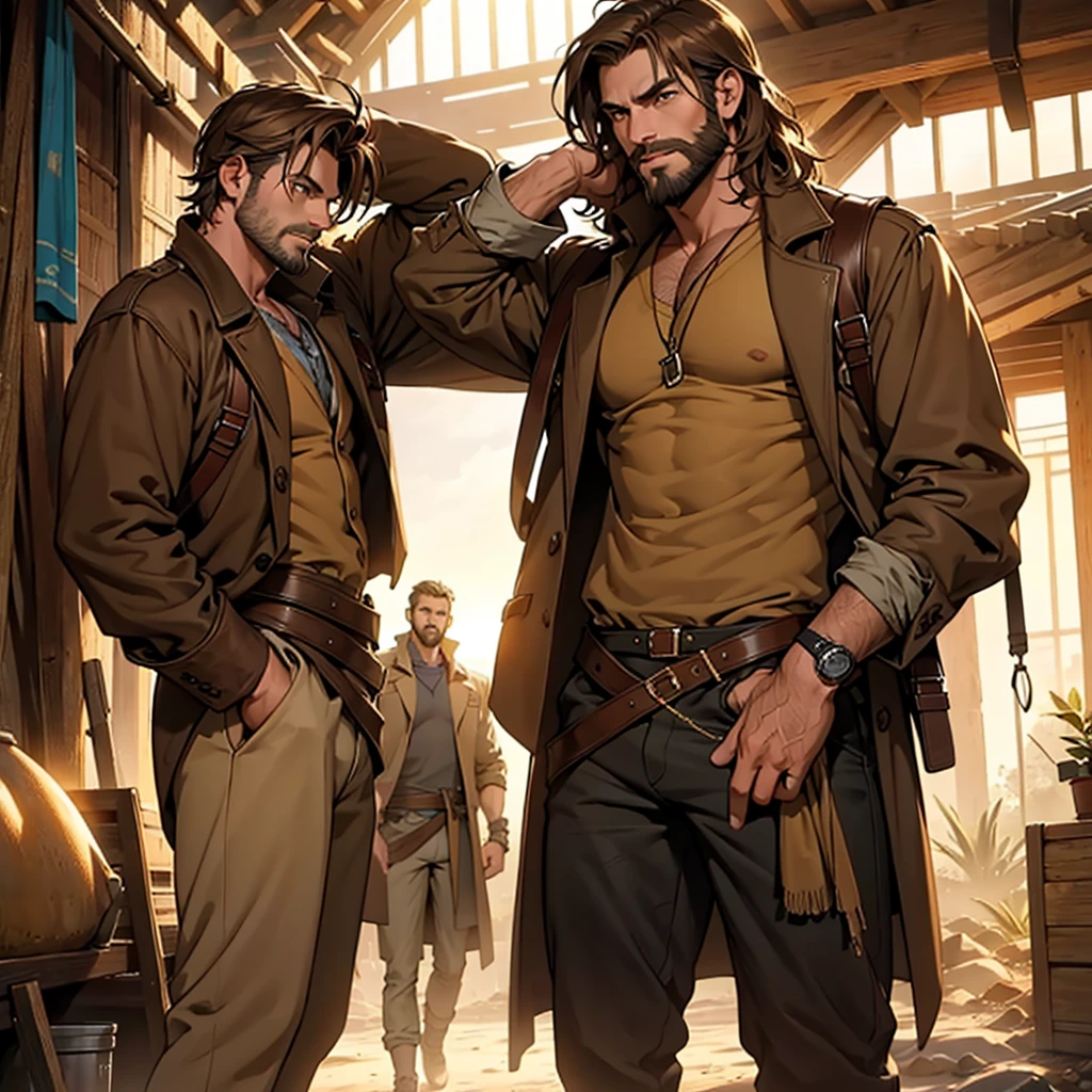 Four or five men，stand together，Looking at the camera，indiana jones, desert, Wide open space, Sunset, 4 men，brown long coat, Brown hair, short hair, Brown eyes, Holding a whip, Abdominal muscles, beard, Confident posture, Beautifully detailed eyes, Fascinating eyes, Bright colors, Carefully crafted lighting, Studio lighting techniques highlight the characters and the overall atmosphere of the scene., masterpiece, Anatomically correct, high quality, best quality, High Detail