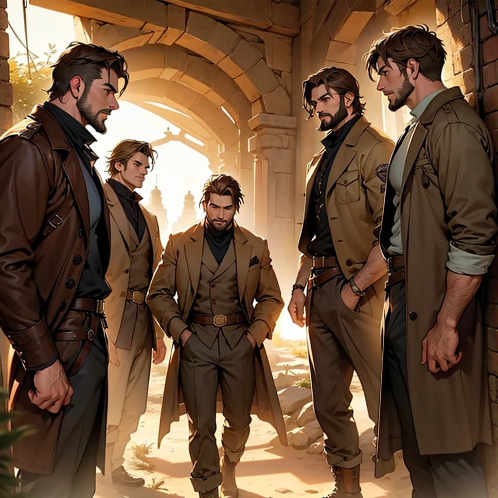 Four or five men,stand together,Looking at the camera,indiana jones, desert, Wide open space, Sunset, 4 men,brown long coat, Brown hair, short hair, Brown eyes, Holding a whip, Abdominal muscles, beard, Confident posture, Beautifully detailed eyes, Fascinating eyes, Bright colors, Carefully crafted lighting, Studio lighting techniques highlight the characters and the overall atmosphere of the scene., masterpiece, Anatomically correct, high quality, best quality, High Detail