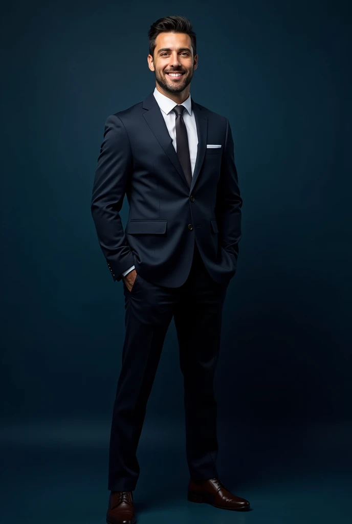 Create a full body handsome man 2 he wearing a attorney clothes style and black shoes ,Dark blue background, he is smiling and standing, posting photography and looking at the camera.
