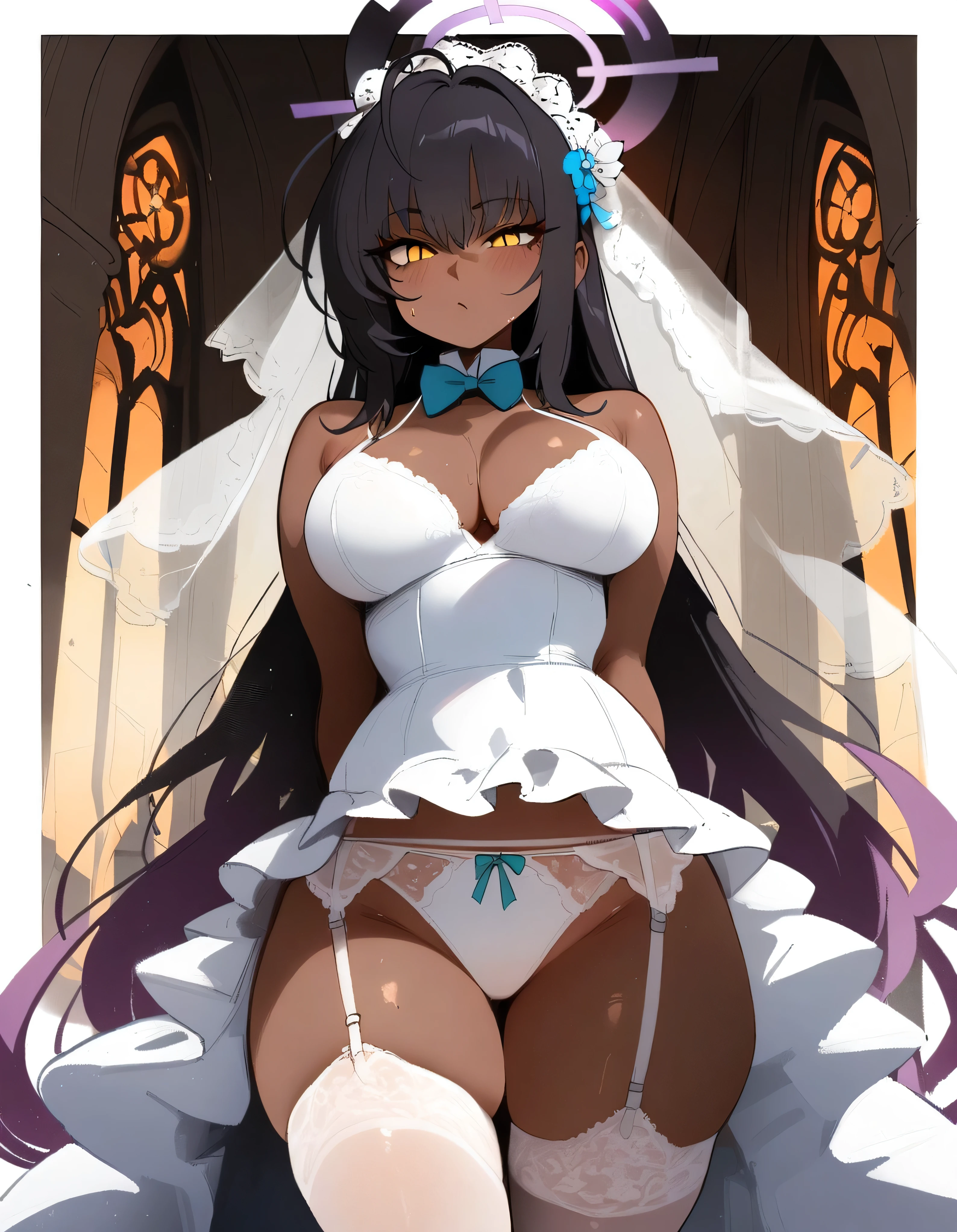 1girl, karin \(blue archive\), blue archive \\\\\ masterpiece, best quality, newest ///// nyantcha, khyle, cutesexyrobutts \\\\\ outside border, solo, big breasts, (dark skin:1.2), sharp yellow eyes, halo , long black hair,, straight-on,,, slit pupils, white lingerie, garter belt, white stockings,, wedding_dress , bridal veil, church, arms behind back,. panties, mosaic