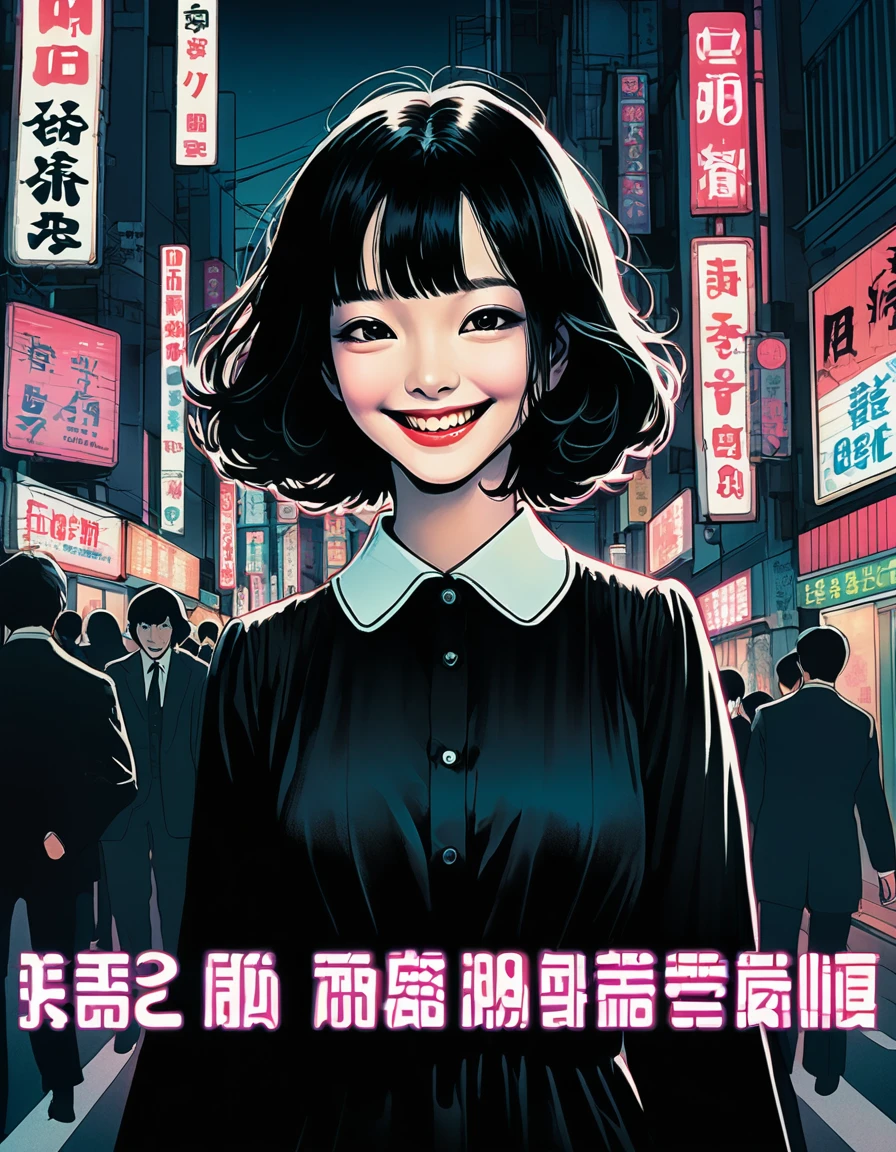 An illustration、art、70s horror movie posters, Inuki Kanako、Attention to detail, Analog Style, chromatic aberration, Surrealism、Complementary Gradient、Wearing a black dress、Creepy Smile、Large pupils、Shinjuku at night(background)
