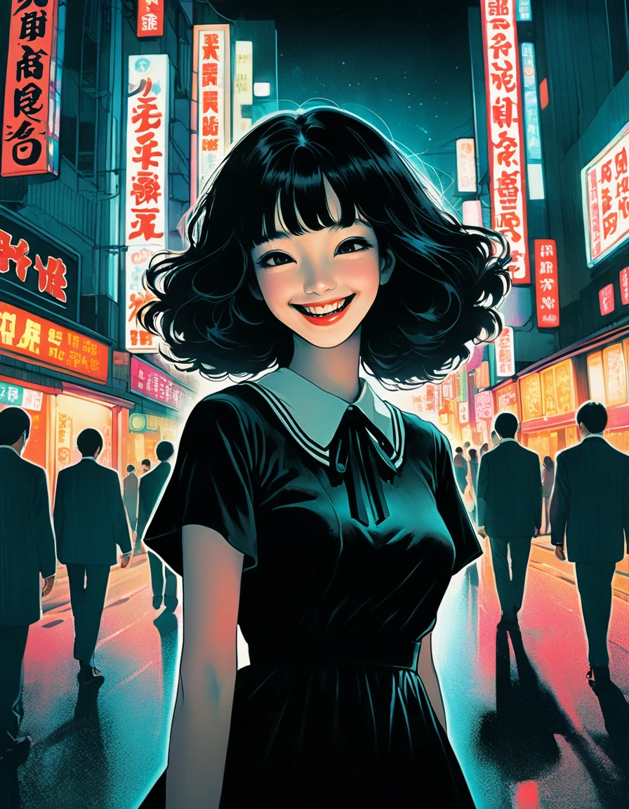 An illustration、art、70s horror movie posters, Inuki Kanako、Attention to detail, Analog Style, chromatic aberration, Surrealism、Complementary Gradient、Wearing a black dress、Creepy Smile、Large pupils、Shinjuku at night(background)