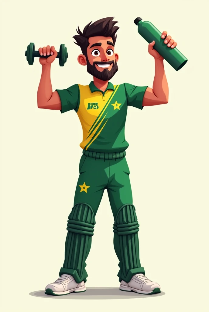 A animated character wearing Pakistan cricket jersey holding dumbdell on his left hand and on right hand holding water bottle his both hand should be facing upward character must be 2D not laughing just a confident gentle smile with beard and boy should be atleast 20 year old